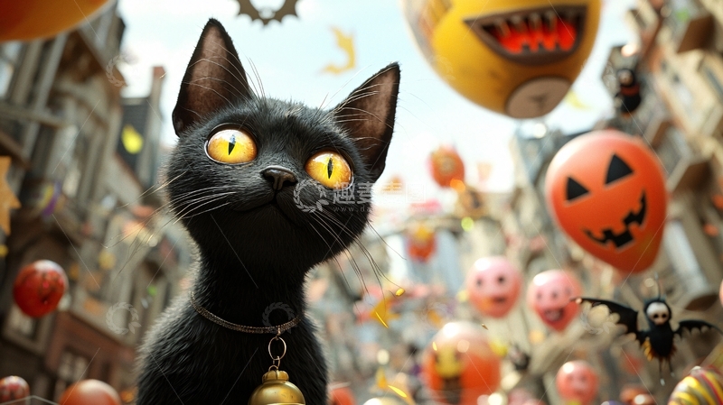 高清大图下载【趣麦麦图】万圣节黑猫与南瓜灯