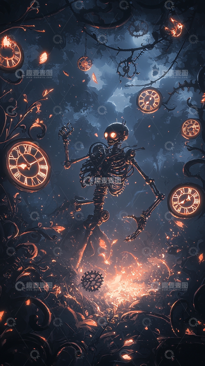 高清大图下载【趣麦麦图】骷髅与时钟的奇幻森林
