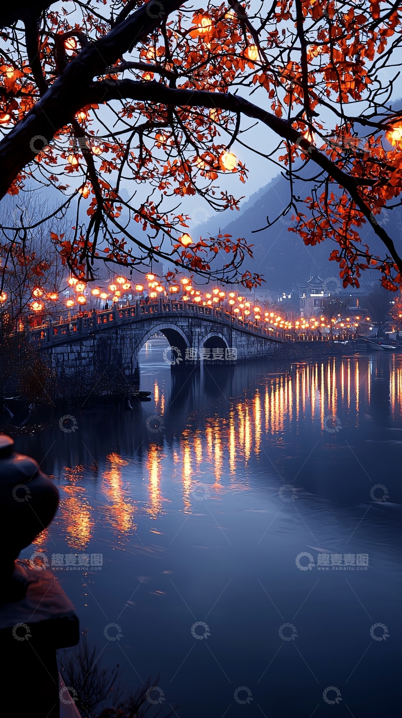 高清大图下载【趣麦麦图】秋夜古桥灯火映水