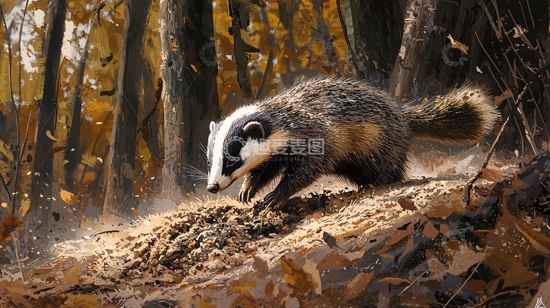 高清大图下载【趣麦麦图】秋日森林中的獾