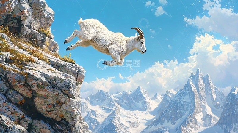 高清大图下载【趣麦麦图】雪山上的山羊跳跃场景