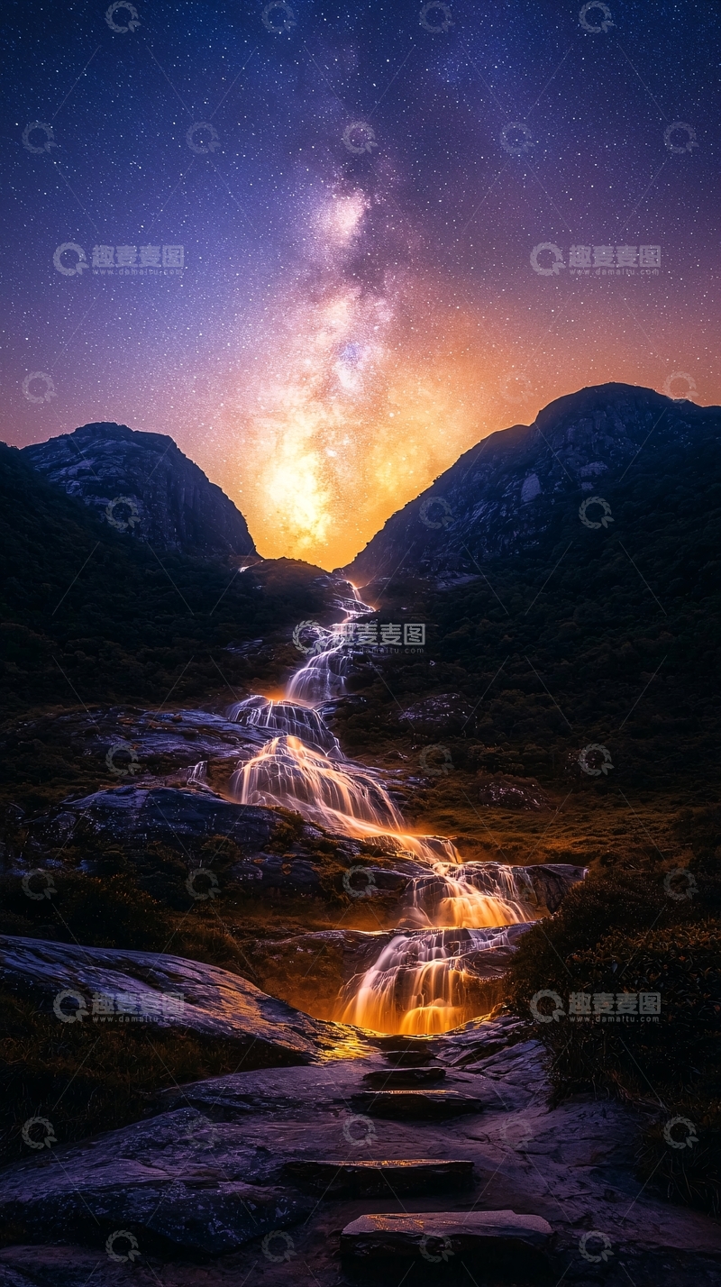 高清大图下载【趣麦麦图】夜空下的瀑布阶梯