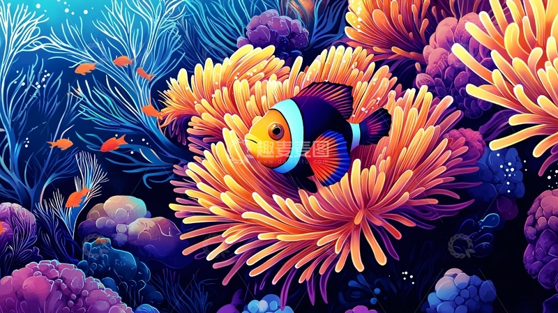 高清大图下载【趣麦麦图】海底珊瑚礁中的小丑鱼