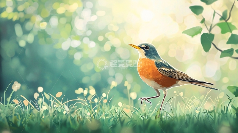 高清大图下载【趣麦麦图】春天草地上的鸟儿