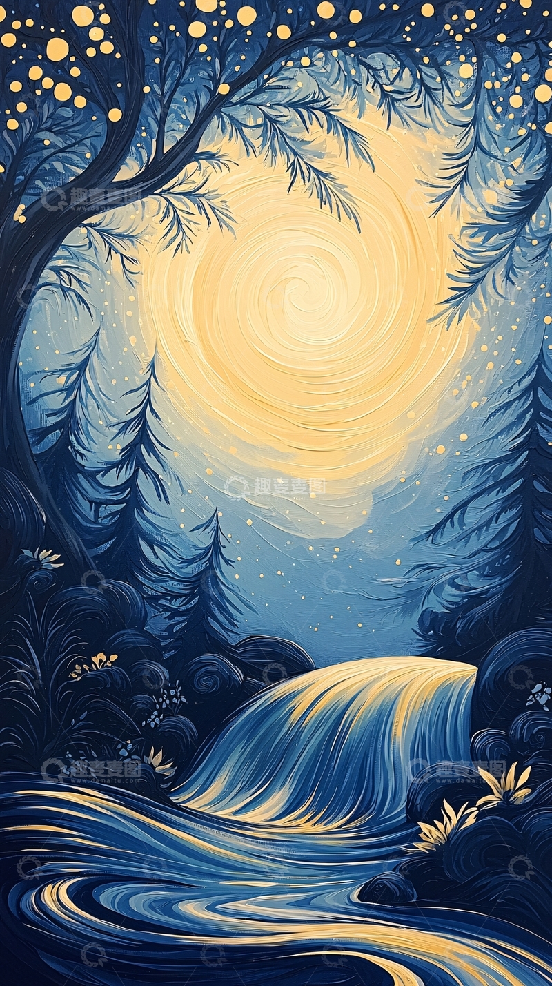 高清大图下载【趣麦麦图】月光下的瀑布夜景