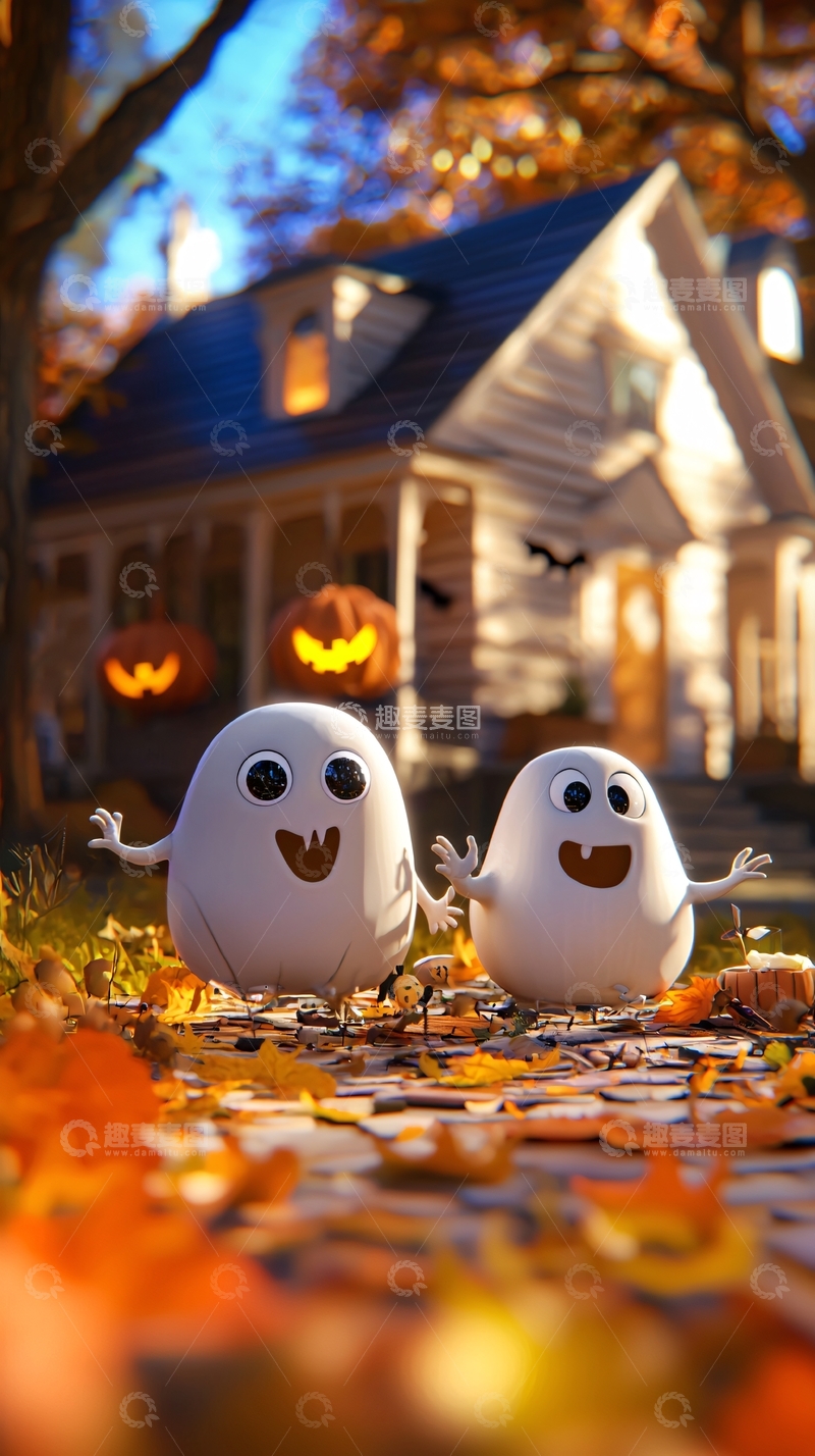 高清大图下载【趣麦麦图】万圣节鬼魂与南瓜灯前的小屋