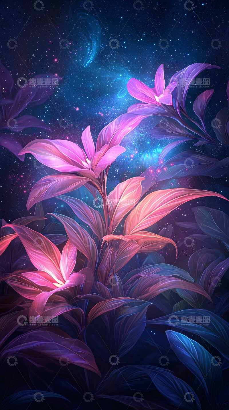 高清大图下载【趣麦麦图】梦幻星空下的紫色花朵