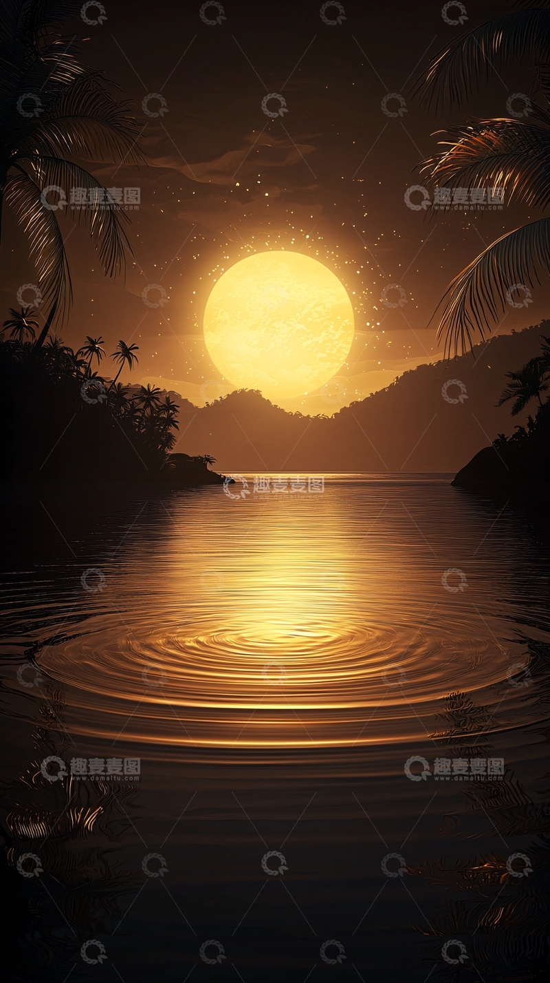 高清大图下载【趣麦麦图】金色海滩上的满月夜景