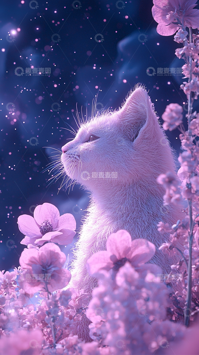 高清大图下载【趣麦麦图】梦幻猫咪与紫色花朵