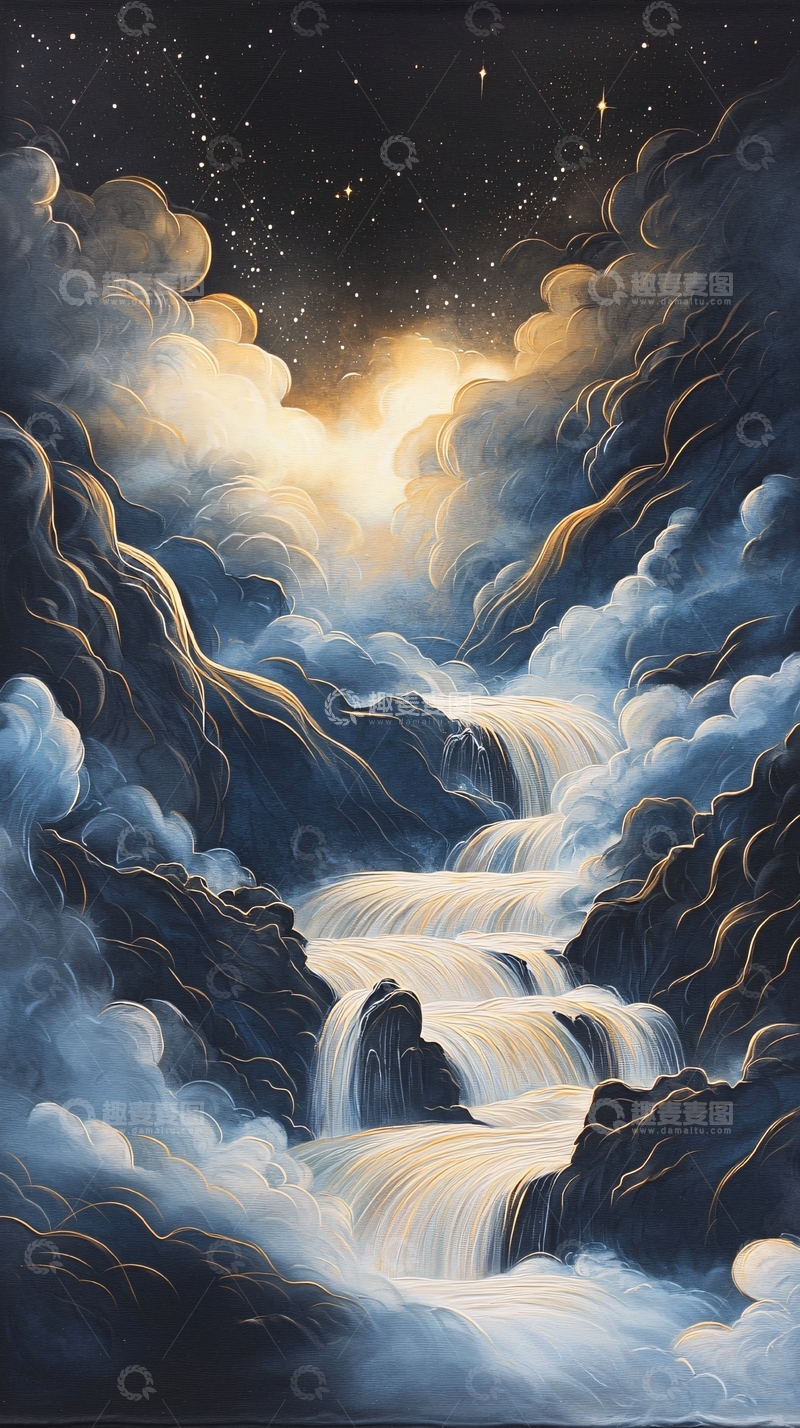 高清大图下载【趣麦麦图】夜空中的瀑布与云雾