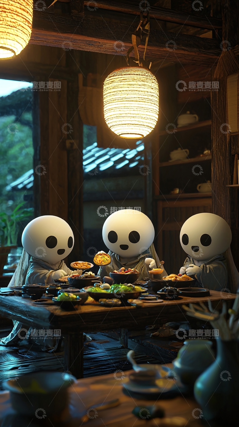 高清大图下载【趣麦麦图】三个卡通人物在古风餐厅用餐