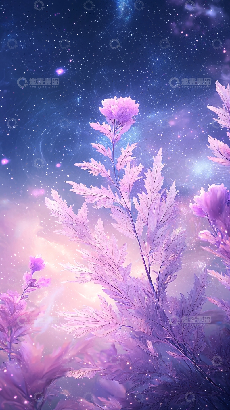 高清大图下载【趣麦麦图】梦幻星空下的紫色植物