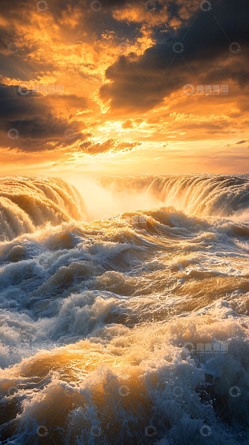 高清大图下载【趣麦麦图】日落海浪壮观景象