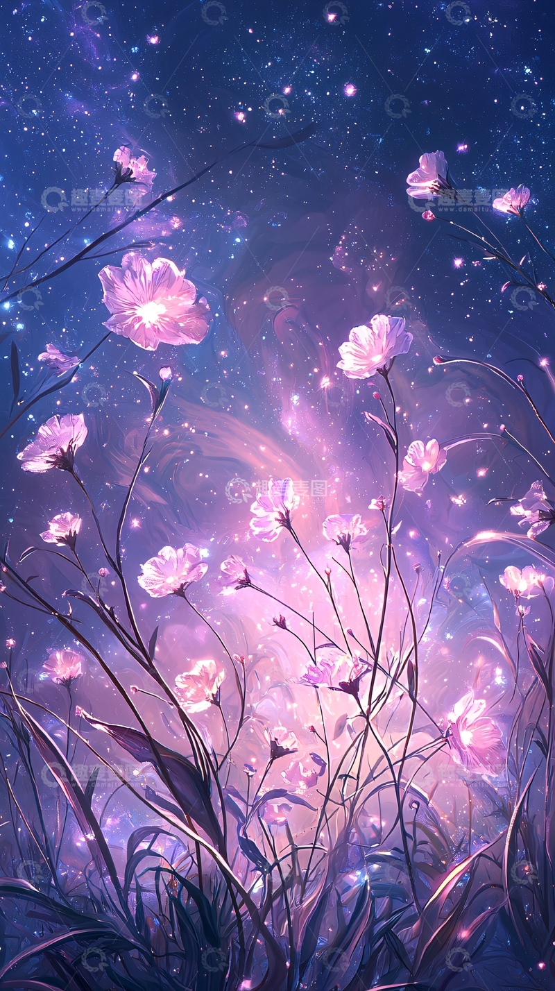 高清大图下载【趣麦麦图】梦幻星空下的紫色花朵