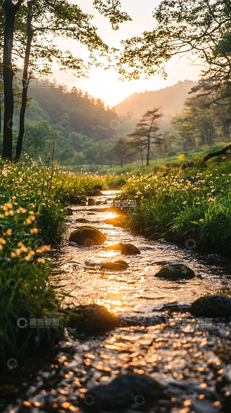高清大图下载【趣麦麦图】夕阳下的小溪与野花