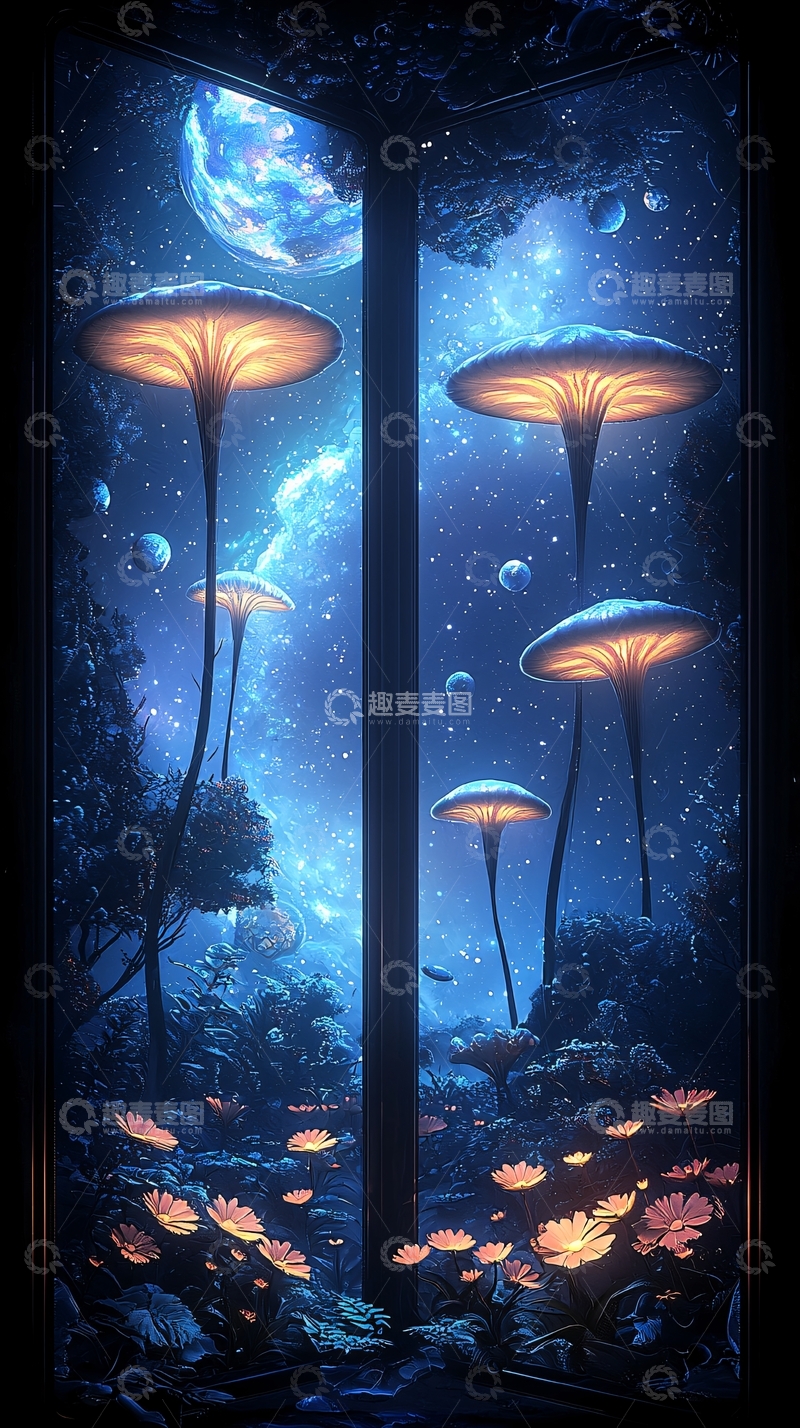 高清大图下载【趣麦麦图】梦幻森林中的发光蘑菇