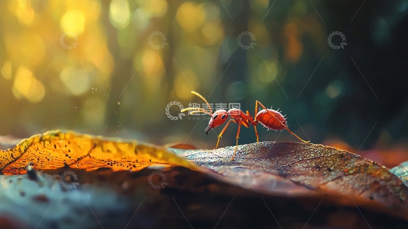 高清大图下载【趣麦麦图】秋日落叶上的红蚂蚁