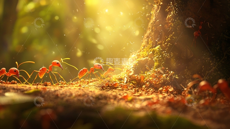 高清大图下载【趣麦麦图】阳光下的蚂蚁群行走在森林小径上