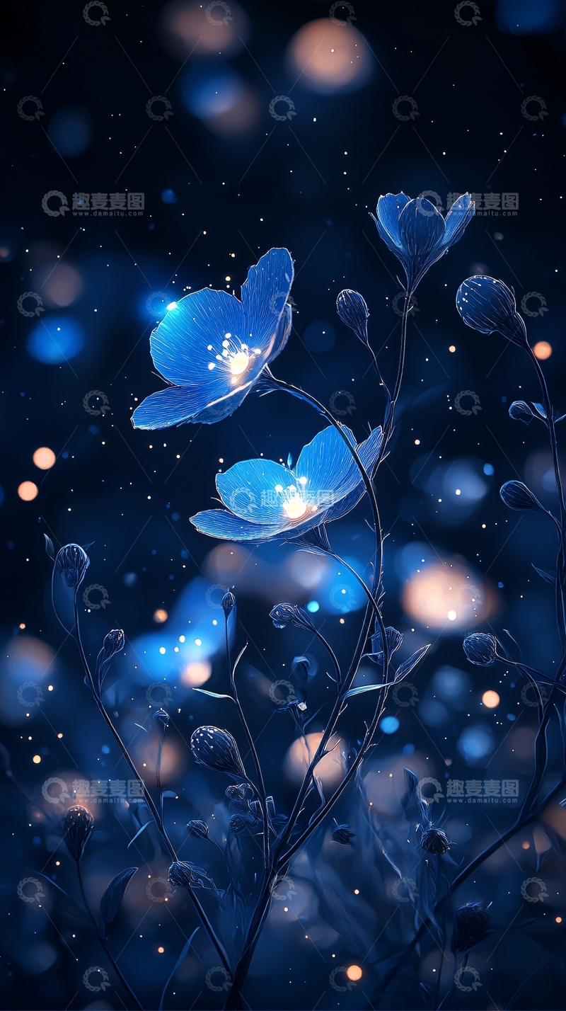 高清大图下载【趣麦麦图】蓝色夜空下的发光花朵