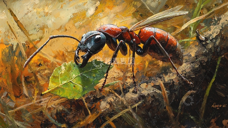 高清大图下载【趣麦麦图】红蚂蚁与绿叶的艺术画作