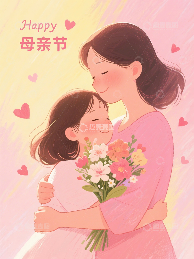 高清大图下载【趣麦麦图】母亲节母女拥抱手绘插画