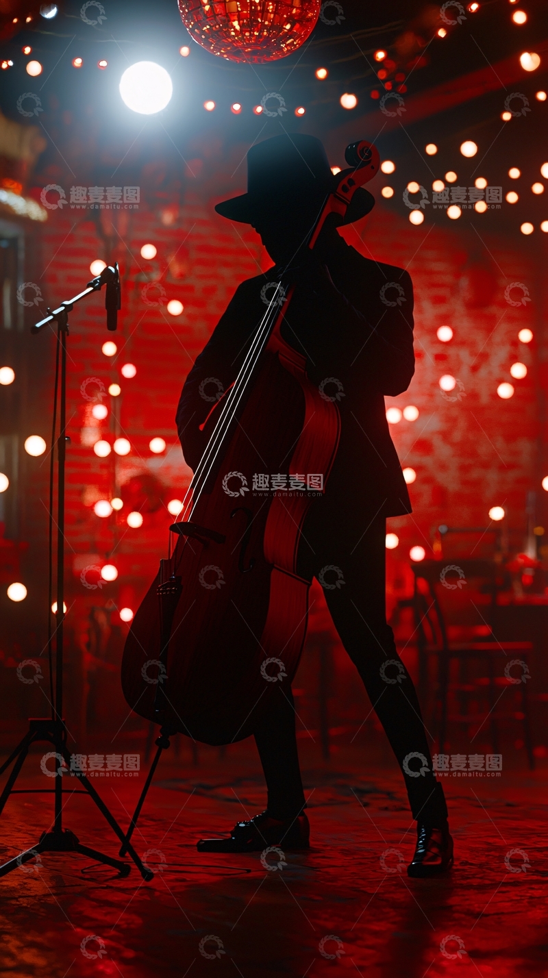 高清大图下载【趣麦麦图】红光下的低音提琴手