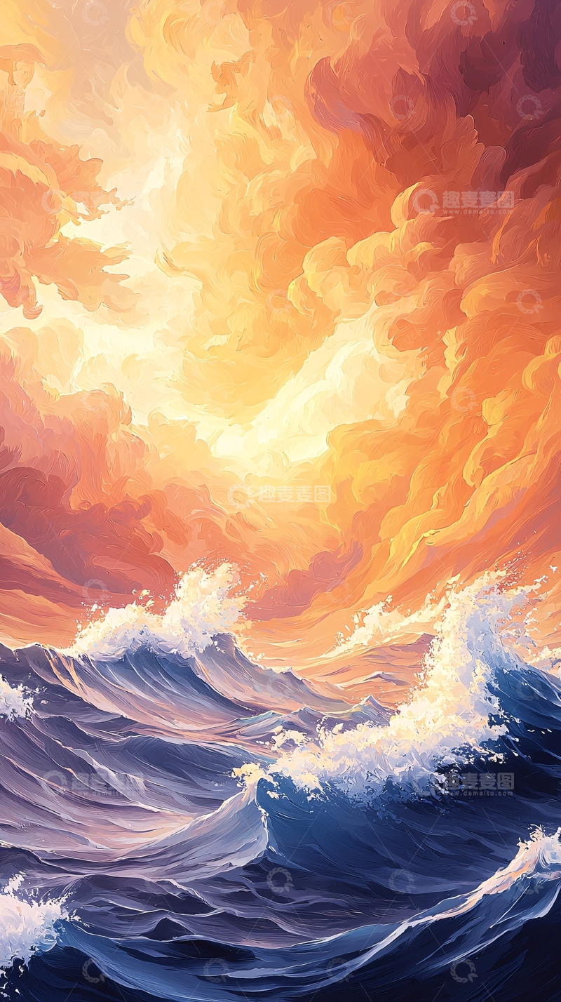 高清大图下载【趣麦麦图】日落海浪艺术画