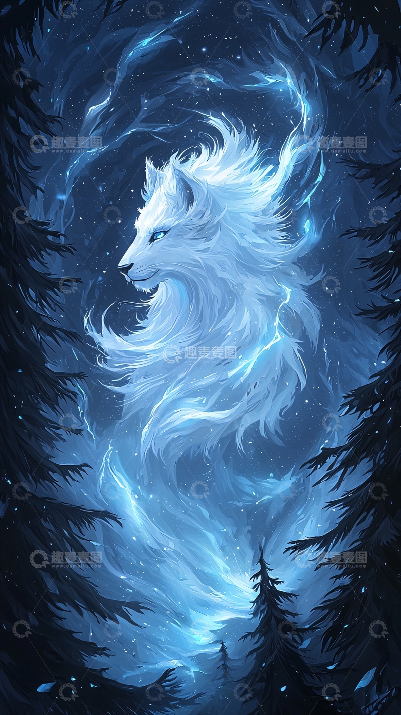高清大图下载【趣麦麦图】冰狼夜景插画