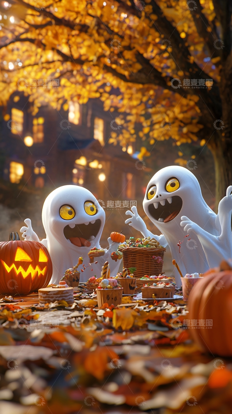 高清大图下载【趣麦麦图】万圣节鬼魂与南瓜灯的甜蜜聚会
