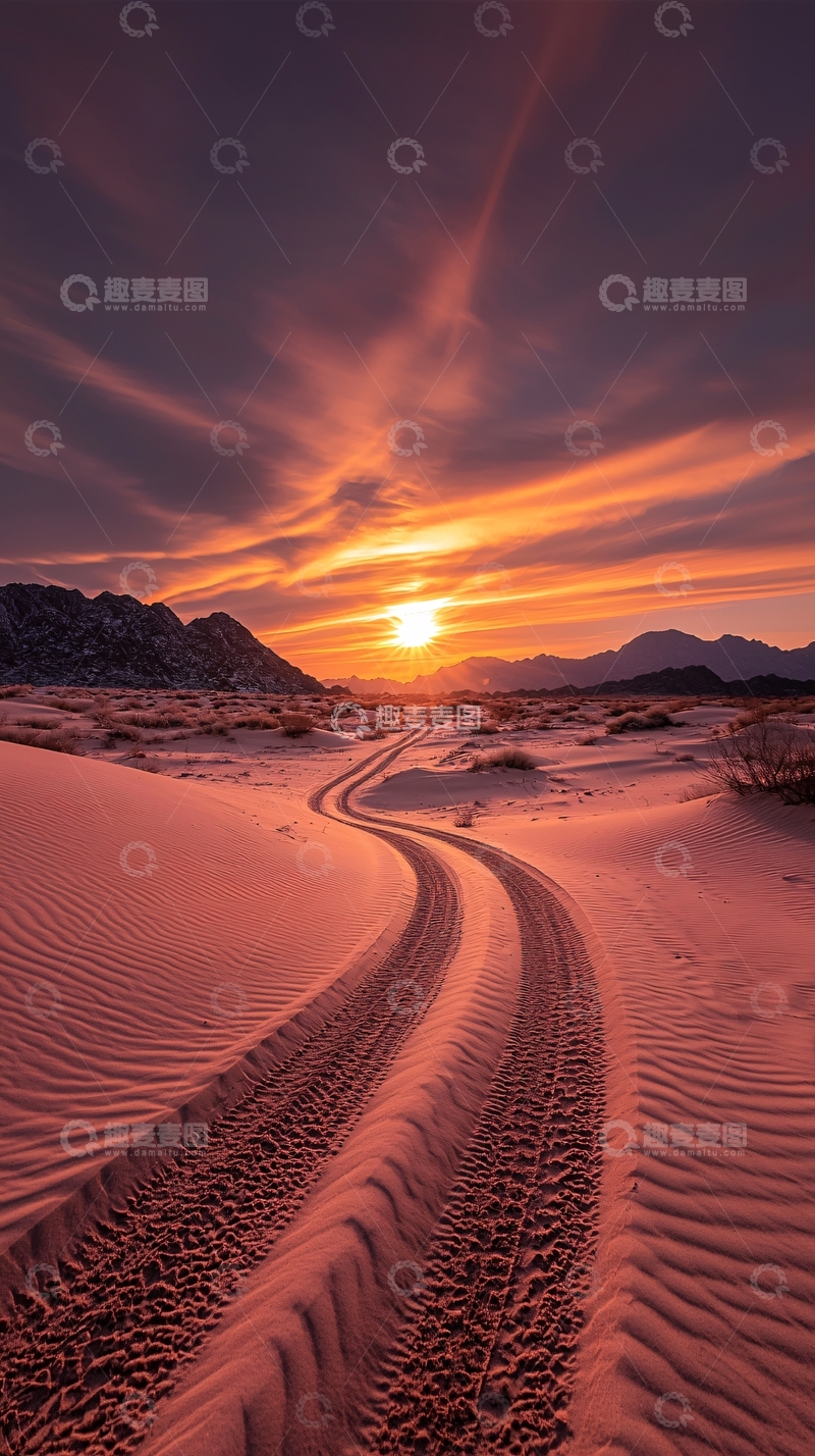高清大图下载【趣麦麦图】沙漠日落车辙痕迹