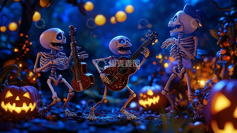 高清大图下载【趣麦麦图】万圣节骷髅乐队演奏场景