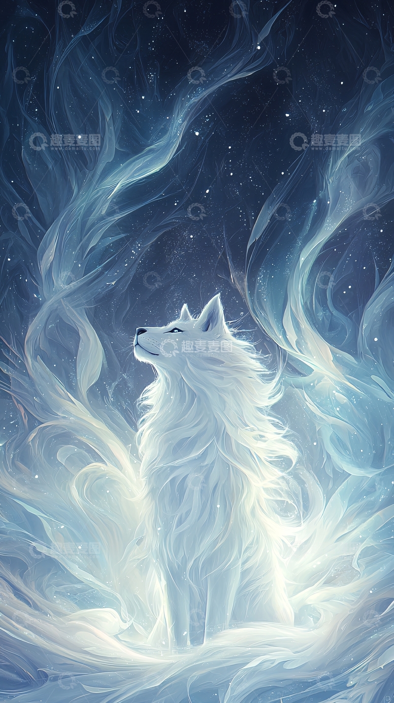 高清大图下载【趣麦麦图】雪狼与星辰幻想艺术插画