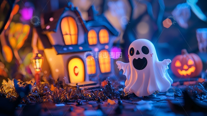 高清大图下载【趣麦麦图】万圣节主题鬼屋和南瓜灯装饰场景