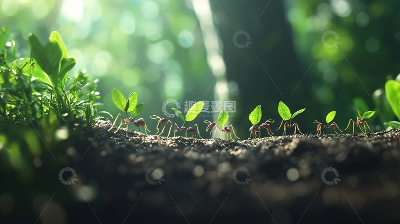 高清大图下载【趣麦麦图】蚂蚁搬运绿叶的森林场景