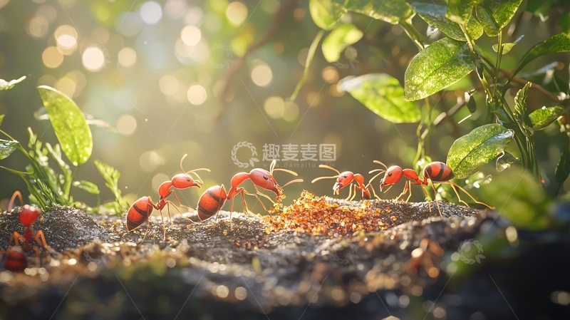 高清大图下载【趣麦麦图】红蚂蚁搬运食物的场景