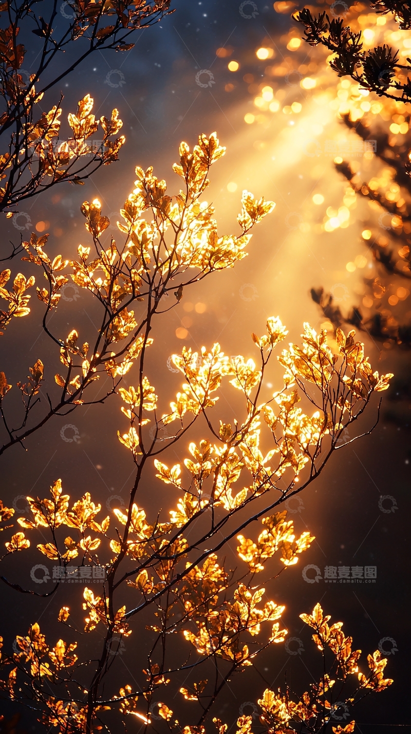高清大图下载【趣麦麦图】金色树叶与光束的夜晚