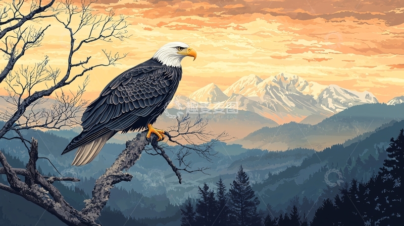 高清大图下载【趣麦麦图】雄鹰栖息在山间树枝上