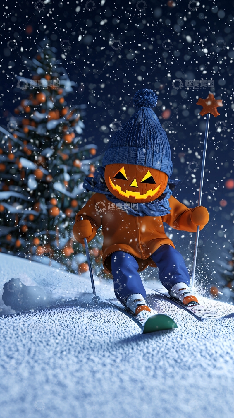 高清大图下载【趣麦麦图】万圣节南瓜灯滑雪者