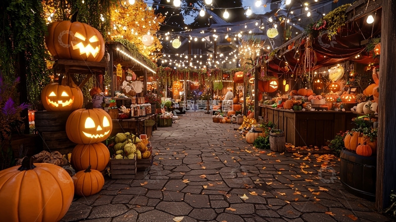 高清大图下载【趣麦麦图】万圣节南瓜市场夜景