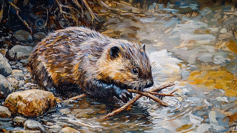 高清大图下载【趣麦麦图】水边的河狸拿着树枝