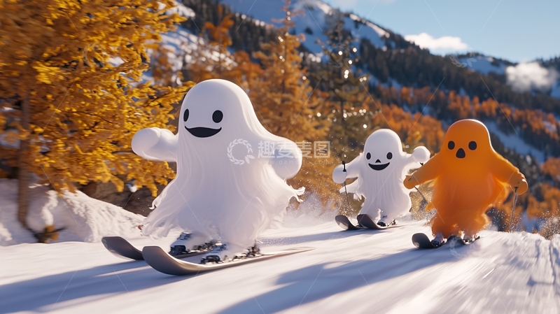 高清大图下载【趣麦麦图】滑雪中的卡通幽灵