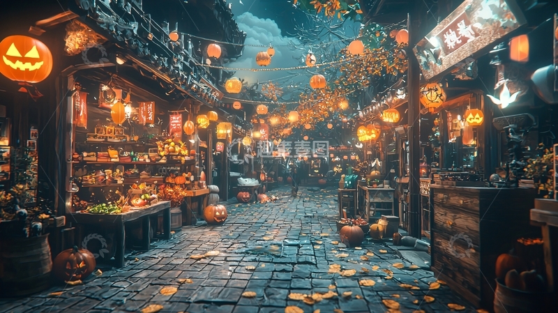高清大图下载【趣麦麦图】万圣节主题古街夜景