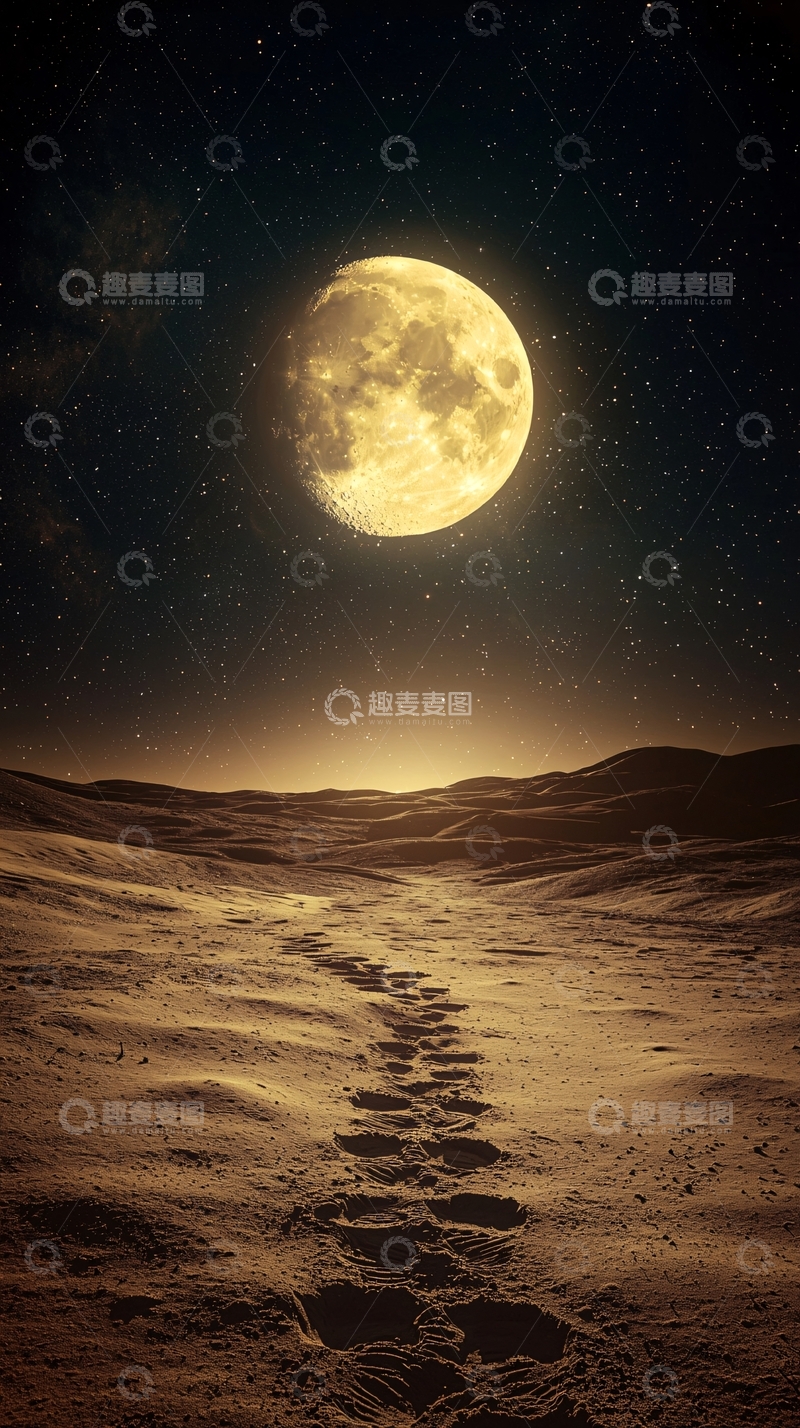 高清大图下载【趣麦麦图】月光下的足迹沙漠夜景