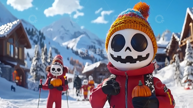 高清大图下载【趣麦麦图】冬季滑雪的骷髅人物