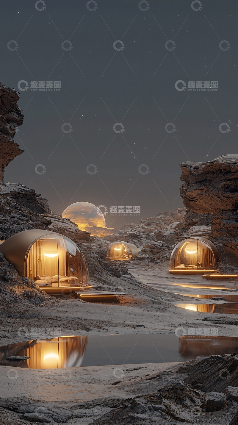 高清大图下载【趣麦麦图】沙漠星空下的透明圆顶帐篷