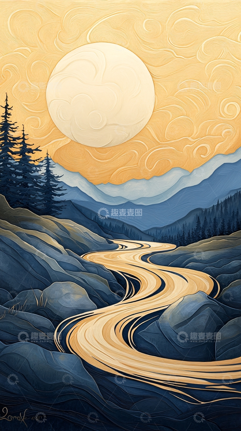 高清大图下载【趣麦麦图】蜿蜒河流与夜空下的山景