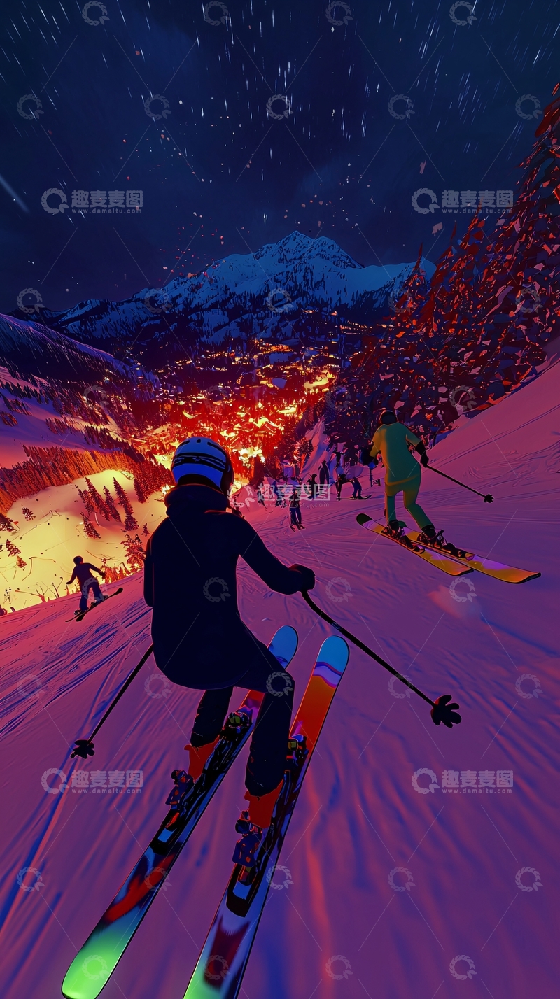 高清大图下载【趣麦麦图】夜晚滑雪场上的灯光与雪景