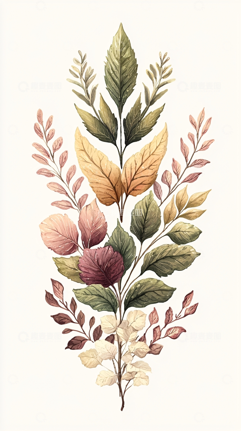 高清大图下载【趣麦麦图】秋日色彩斑斓树叶插画