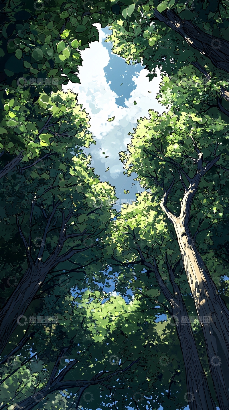 高清大图下载【趣麦麦图】夏日森林树冠下的蓝天