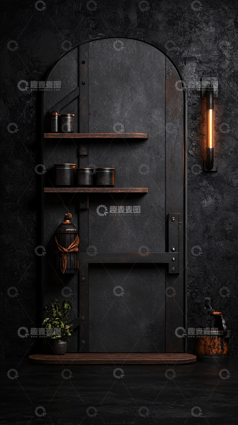 高清大图下载【趣麦麦图】工业风复古铁门与木质架子